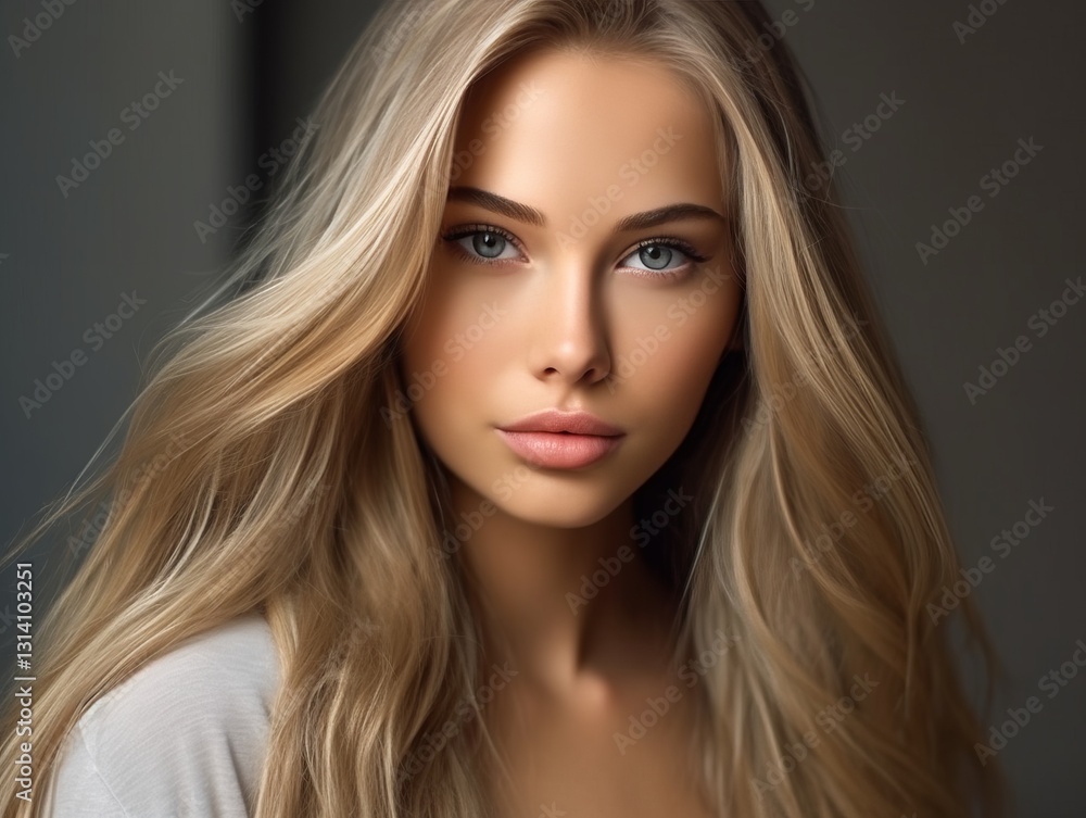 Beautiful blonde woman with long curly hair. Portrait of a beautiful girl with blonde hair. Beautiful face of a young woman with blond long hair and blue eyes. Studio shot. Beautiful blonde woman with long curly hair. Portrait of a beautiful girl with blonde hair. Beautiful face of a young woman with blond long hair and blue eyes. Studio shot.