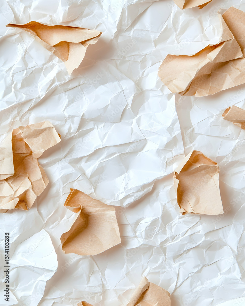 Obraz premium Crumpled white paper with tan scraps, textural background