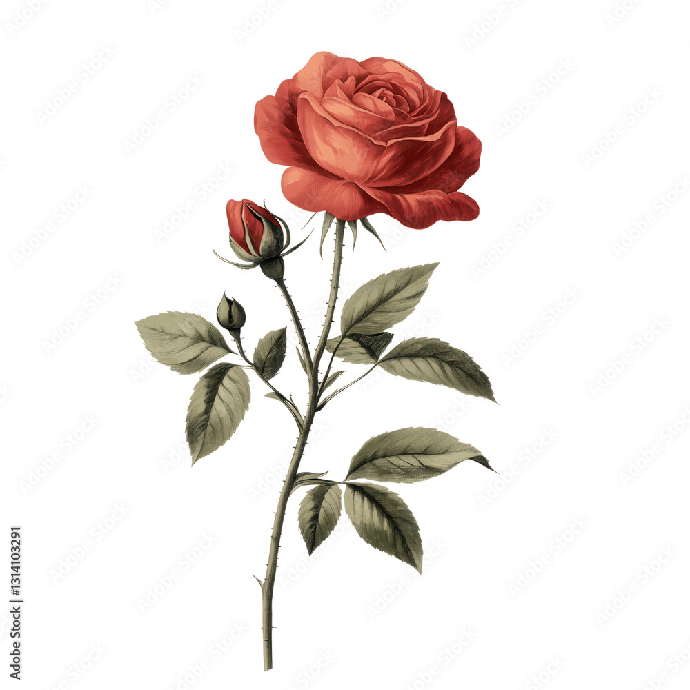 Fototapeta premium Crimson Rose in Bloom: A single, resplendent crimson rose, a symbol of love and beauty, rendered in delicate detail against a simple backdrop, evoking feelings of romance and elegance.