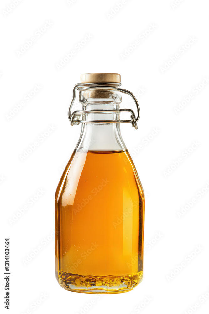 a clear glass bottle filled with golden oil featuring a wooden cap and a metal clasp set against a simple white background. oil's color and clarity suggesting freshness and quality a clear glass bottle filled with golden oil featuring a wooden cap and a metal clasp set against a simple white background. oil's color and clarity suggesting freshness and quality