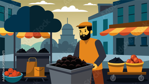 In a bustling street market a coal collector proudly displays their varied collection of coals from shiny black to ashy gray.. Vector illustration