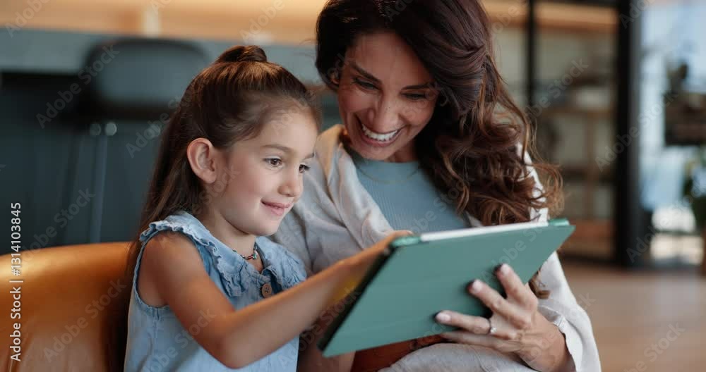 Happy mother, daughter or learning with tablet on sofa for digital interaction, engagement or app at house. Mom, child or kid with technology for fun activity, online education or home schooling Happy mother, daughter or learning with tablet on sofa for digital interaction, engagement or app at house. Mom, child or kid with technology for fun activity, online education or home schooling