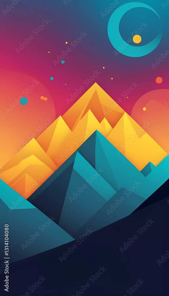 Obraz premium A striking abstract design featuring vibrant, geometric mountain peaks set against a dynamic gradient background. Pperfect for branding, digital backgrounds, or creative projects.