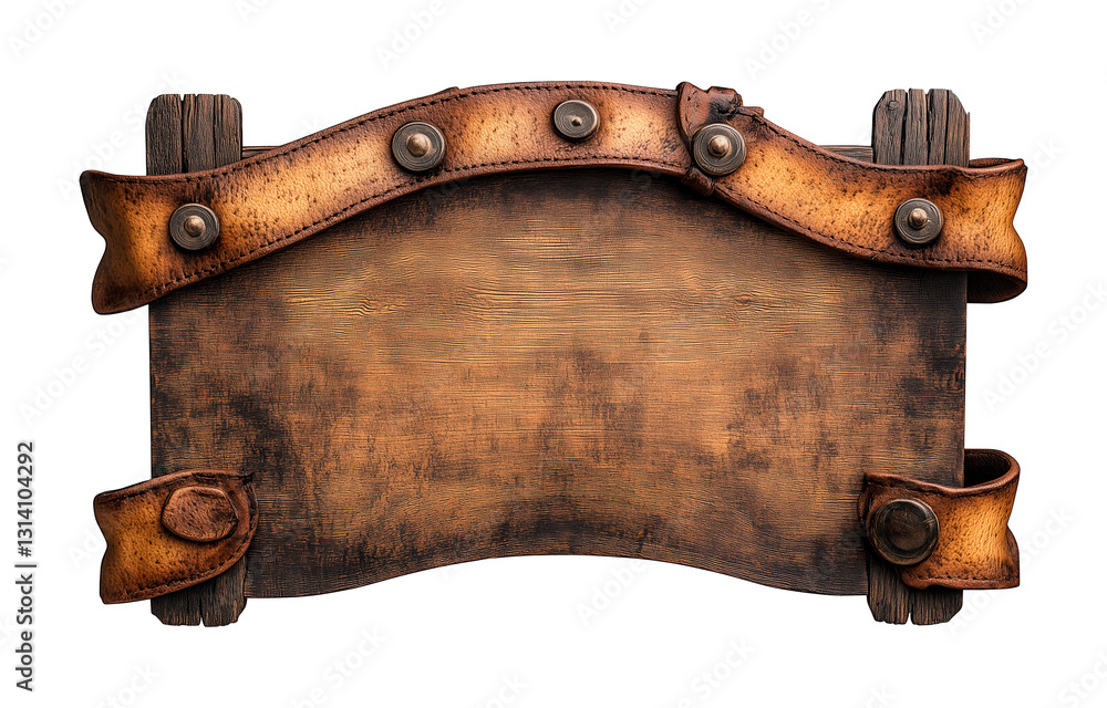 Obraz premium Vintage wooden signboard with a leather strap and rustic texture for messages, rustic wooden signboard png image