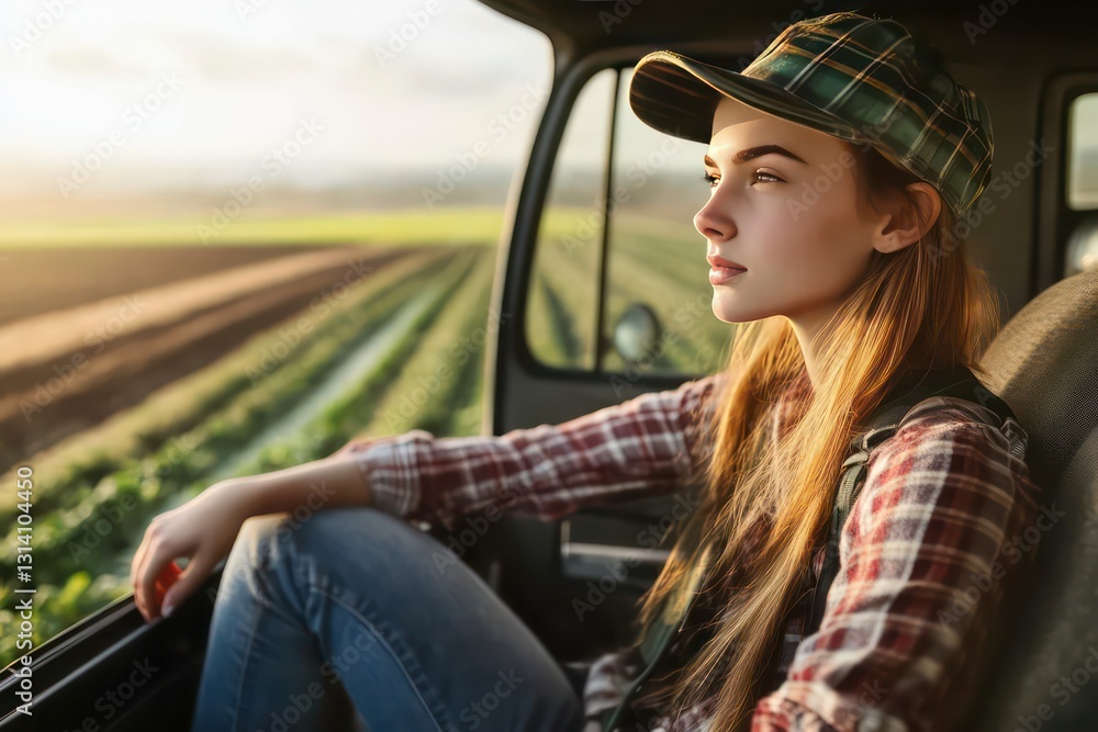 Naklejka premium A determined young farmer sitting in a van with her eyes on the vast crop field, imagining the growth of her harvest.