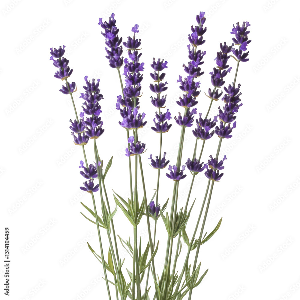 Obraz premium a bouquet of lavender flowers showcasing vibrant purple blooms and green stems against a clean white background emphasizing natural beauty and tranquility