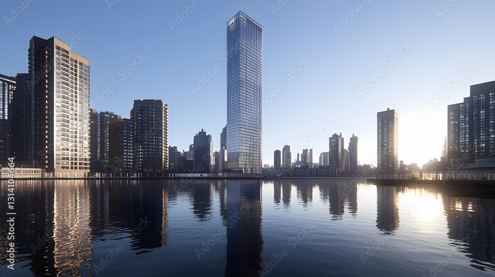Obraz premium Modern Urban Skyline Reflection at Sunrise Over Still Water