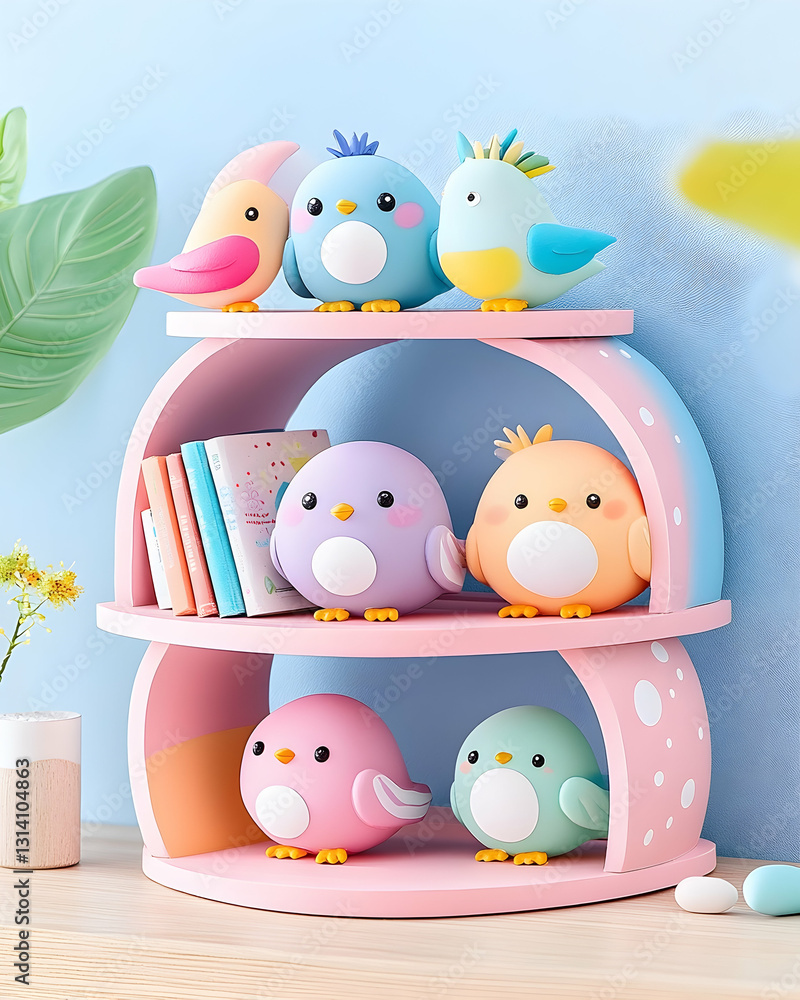 Cute figurines on a pink bookshelf against a blue wall Cute figurines on a pink bookshelf against a blue wall