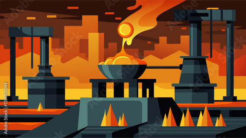 The deafening roar of the smelting plants machinery could be heard for miles as molten metal was constantly poured into waiting molds.. Vector illustration