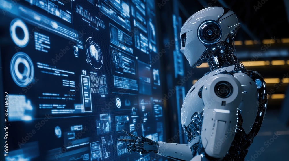 A high-tech robot engaging with digital data on advanced screens, symbolizing the fusion of AI and modern technology. A high-tech robot engaging with digital data on advanced screens, symbolizing the fusion of AI and modern technology.