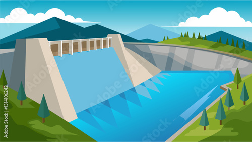 The dam creates a natural barrier separating the peaceful waters of the reservoir from the wild currents of the river beyond.. Vector illustration