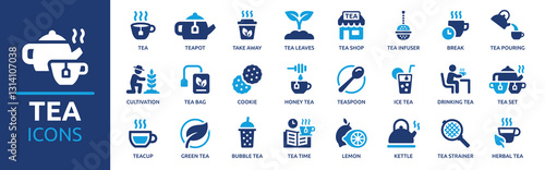 Tea icon set. Containing teapot, teacup, green tea, cultivation, tea set, kettle, teaspoon and more. Solid vector icons collection.