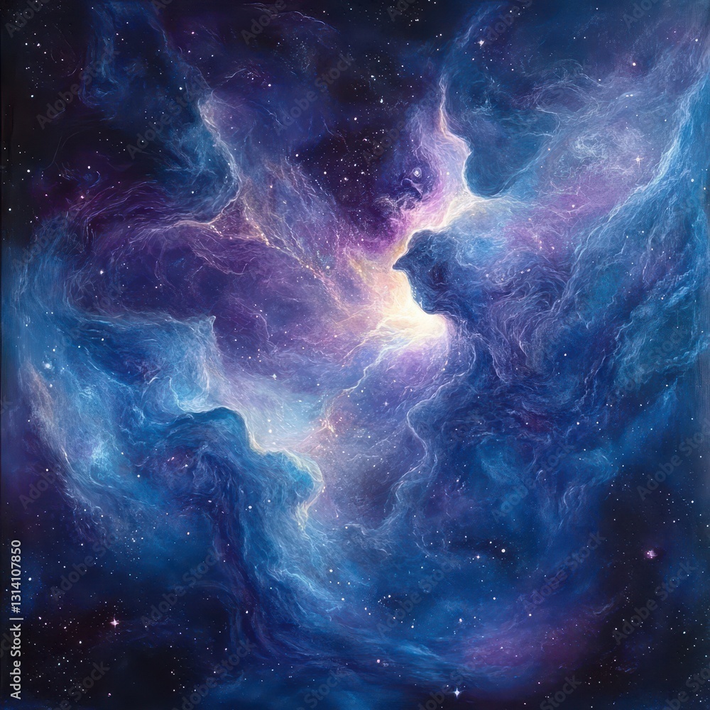 Obraz premium A mesmerizing painting of a vibrant blue and purple nebula, swirling with ethereal clouds of gas and dust, set against a backdrop of twinkling stars that illuminate the cosmos.