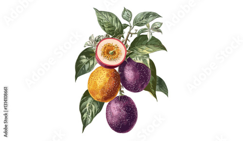 Vector passion fruit, botanical illustration, transparent background, tropical fruit, vintage drawing, hand-sketched, exotic edible plant, natural food, organic garden fruit