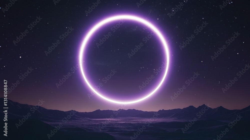 A luminous neon purple ring floats above a mountainous landscape A luminous neon purple ring floats above a mountainous landscape