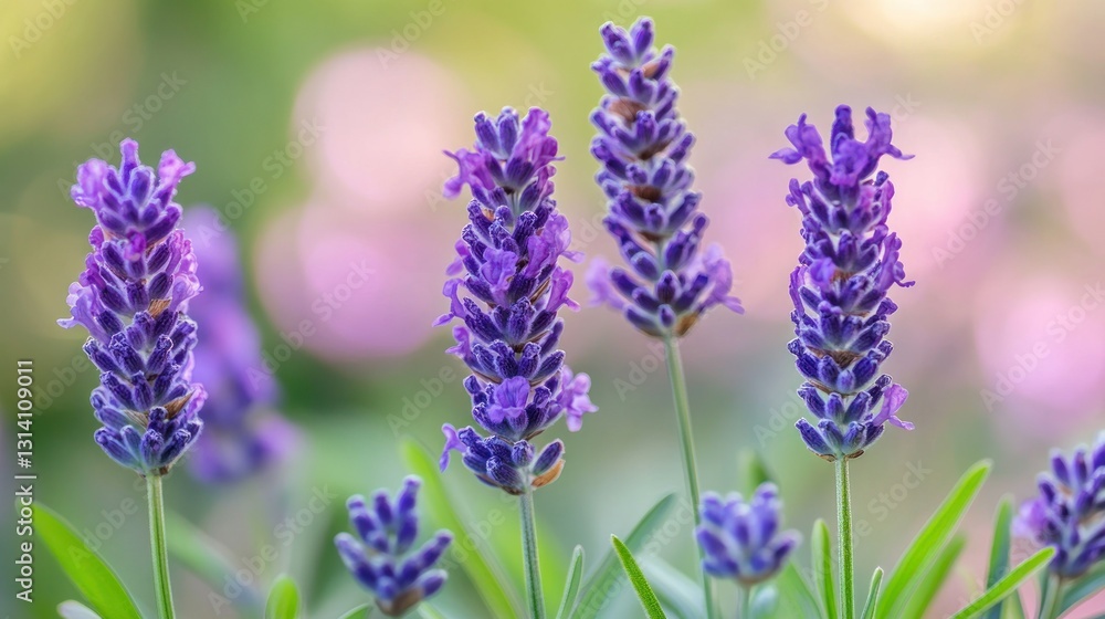 Obraz premium Beautiful purple lavender flowers with green stems and background bokeh