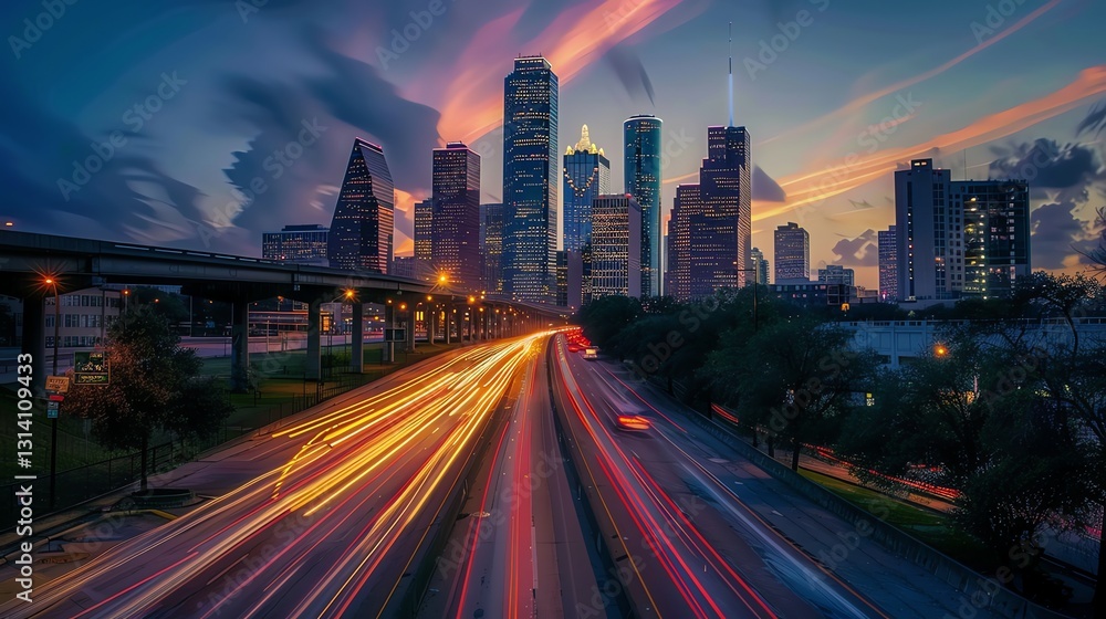 A long exposure shot of a highway in Houston at dusk with the city skyline in the background. A long exposure shot of a highway in Houston at dusk with the city skyline in the background.