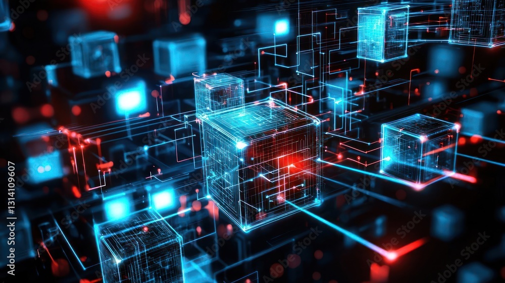 Abstract Digital Data Network Visualization with Blue and Red Circuit Lines on Black Background Abstract Digital Data Network Visualization with Blue and Red Circuit Lines on Black Background