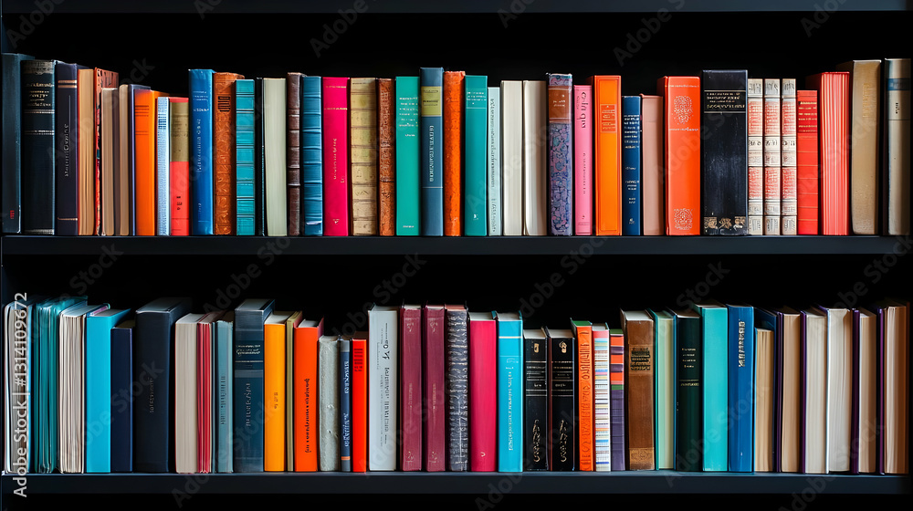 Fototapeta premium Colorful Books Arranged Neatly on Two Dark Wooden Bookshelves in a Home Library Setting with a Focus on the Vibrant Book Spines