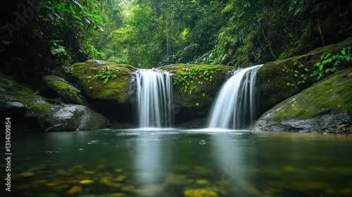 Serene Waterfall Cascades Into Calm Pool Surrounded By Lush Greenery