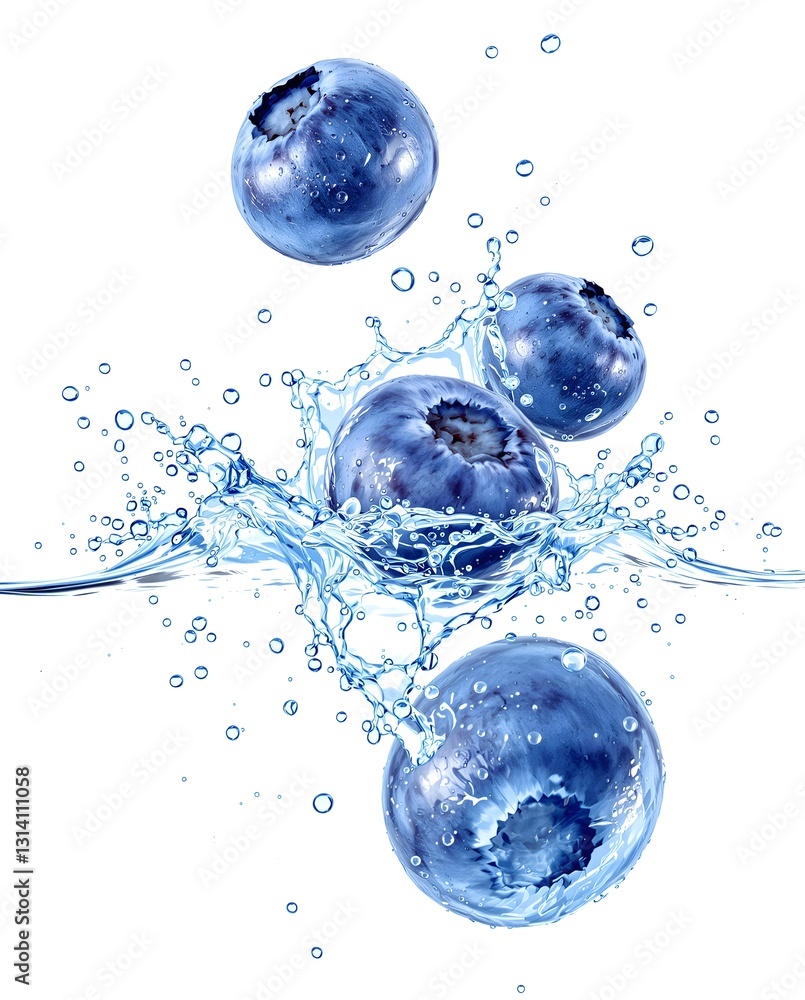 Four vibrant blue blueberries with water splash composition isolated on white background, fresh and juicy summer fruit ingredient for healthy eating and food illustration Four vibrant blue blueberries with water splash composition isolated on white background, fresh and juicy summer fruit ingredient for healthy eating and food illustration