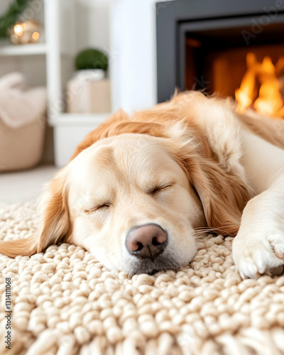 Dog sleeps on a rug, fireplace in the background. Cozy home