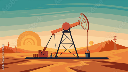 The rhythmic pumping sound of the oil derrick echoing across the barren landscape.. Vector illustration