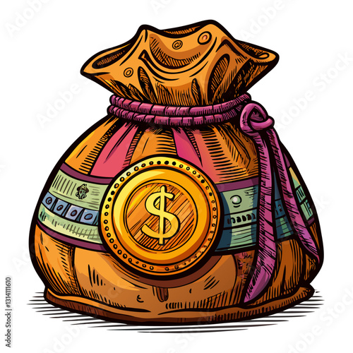Colorful Vintage Money Bag with Dollar Symbol  Illustration