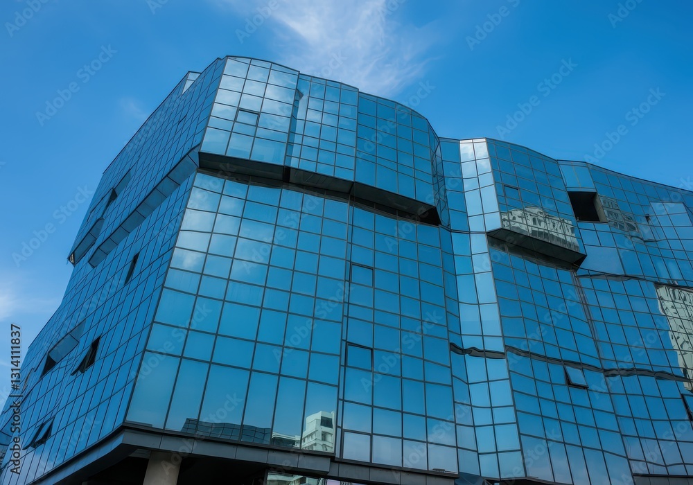 Fototapeta premium A modern glass building reflecting the sky, creating an abstract architectural view.