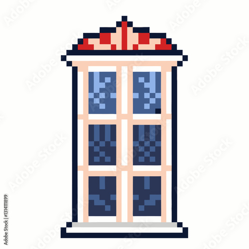 Retro Pixel Art Window with Ornate Red Roof and Blue Panes