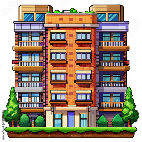 Modern Apartment Building with Greenery and Brick Facade Illustration