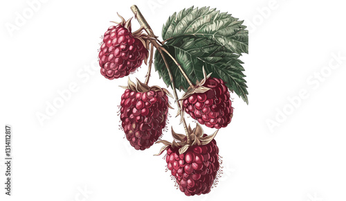 Old botanical illustration of raspberry, vector berry sketch, isolated on transparent background, vintage fruit drawing, detailed raspberry plant, retro botanical engraving