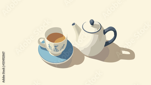 Tea Time- Teapot and Teacup in Isometric Art