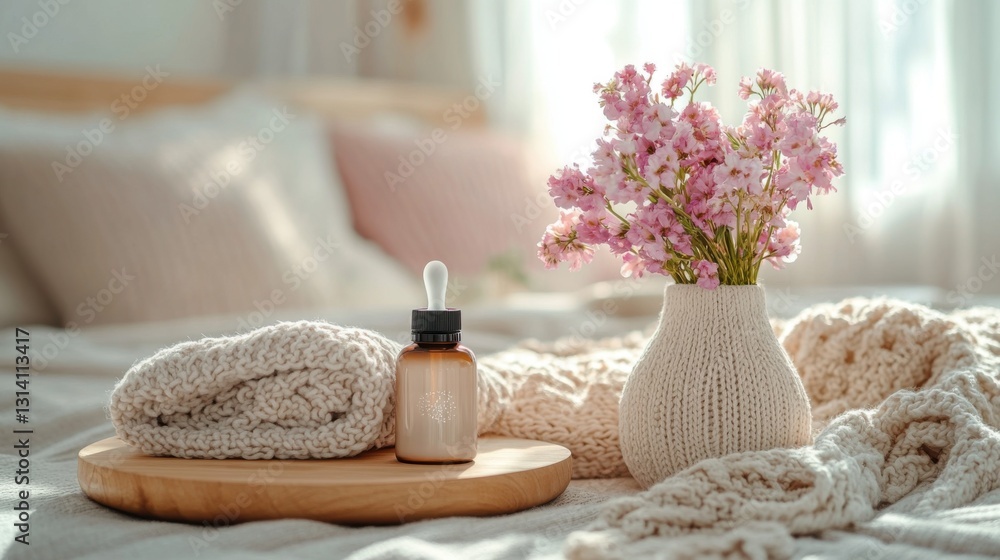 Wellness and Self-Care Rituals. Wellness and Self-Care Rituals. Soft Pink Flowers and Knitted Textures on a Cozy Bed Wellness and Self-Care Rituals. Wellness and Self-Care Rituals. Soft Pink Flowers and Knitted Textures on a Cozy Bed