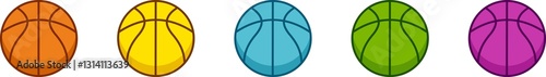 Icons of different coloured basketballs: orange, yellow, green, blue and pink
