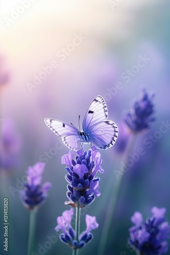 Butterfly with blue wings rests atop a lavender flower in a field at sunset