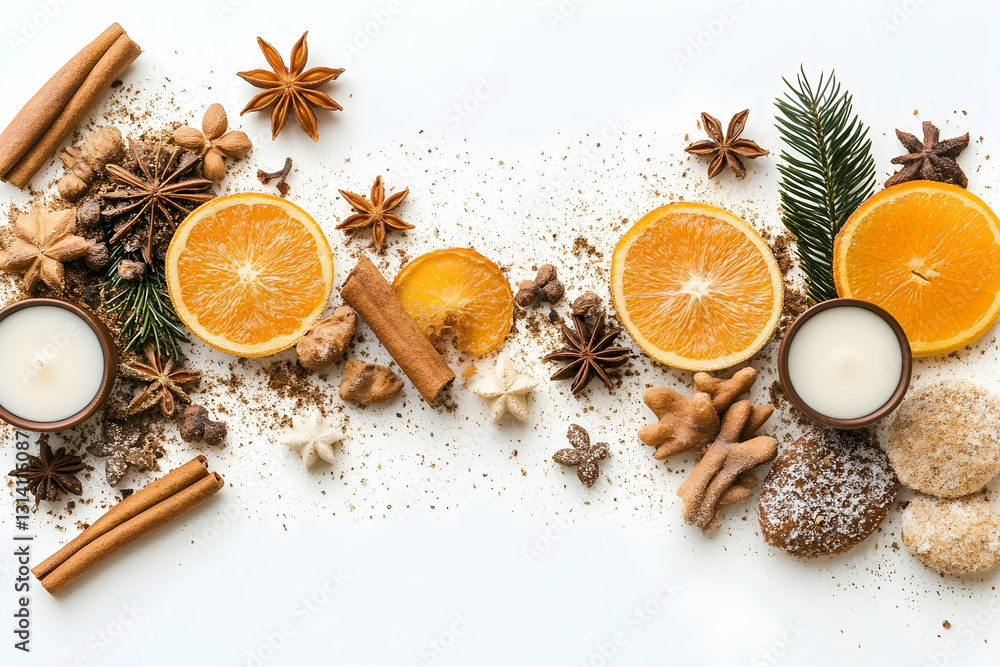 Festive arrangement spices, oranges, stars, cookies, candles on white Festive arrangement spices, oranges, stars, cookies, candles on white