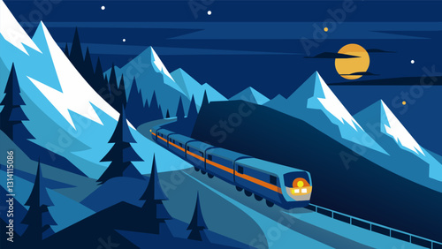 In the heart of winter a train chugs determinedly through a snowy mountain pass its headlights breaking through the dark as it carries its payload of. Vector illustration