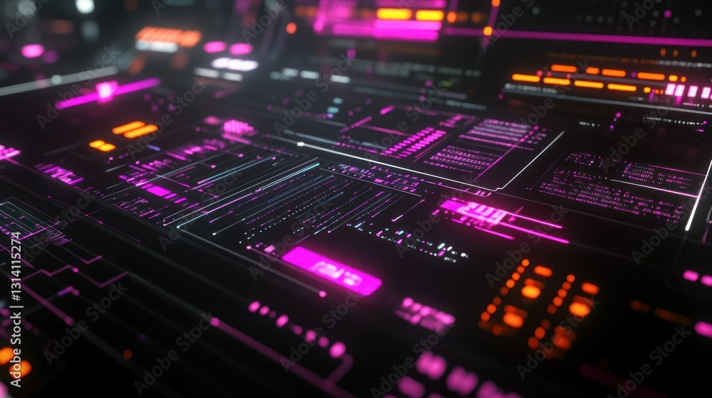 Futuristic display showing digital information with glowing pink and orange lights Futuristic display showing digital information with glowing pink and orange lights