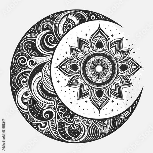 Elegant dotwork tattoo design featuring a crescent moon and mandala pattern, intricately detailed with swirling elements