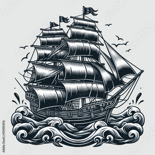 Intricate dotwork tattoo design of a classic sailing ship navigating through waves, showcasing detailed sails and dynamic motion