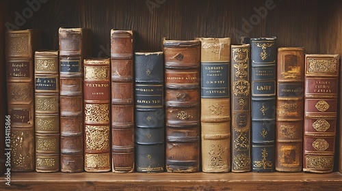 Antique books lined on wooden shelf