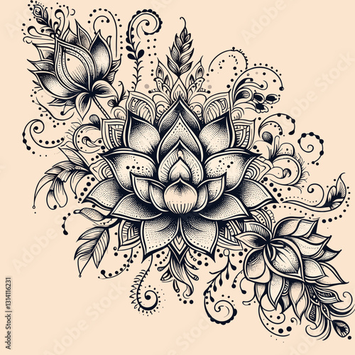 Elegant dotwork tattoo design featuring an intricate lotus flower mandala with symmetrical ornamental details