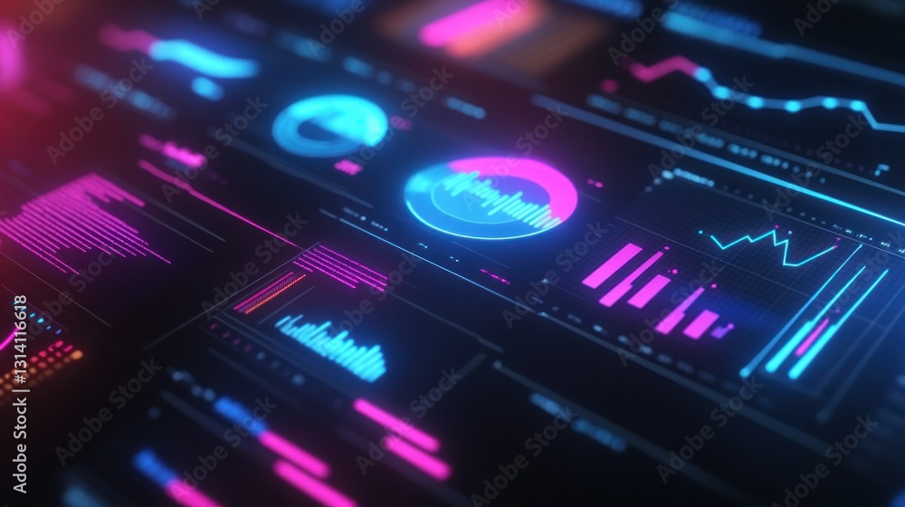 Futuristic interface displays data visualizations in various colorful graphics Futuristic interface displays data visualizations in various colorful graphics