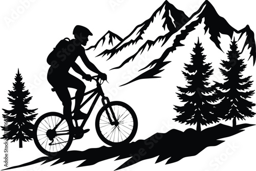 A man on a bike is riding down a hill with mountains in the background