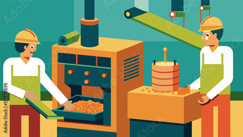 Silicongloved operators oversee the intricate machinery used to shape the raw wooden material into small uniform pellets.. Vector illustration