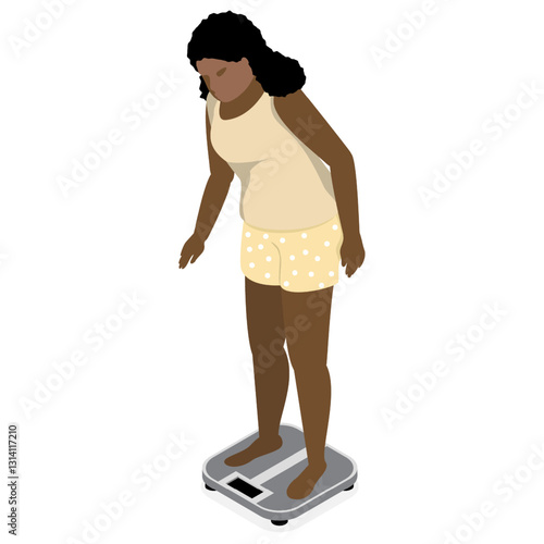 African American woman checking her weight in the morning. Girl in pajamas standing on scales. Isometric illustration, simple design without face on a white background