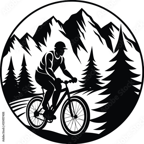A man on a bike is riding down a hill with mountains in the background