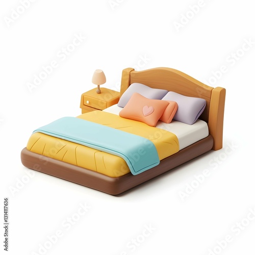 A 3D rendering of a wooden bed with a pink blanket and pillows, isolated on a white background.