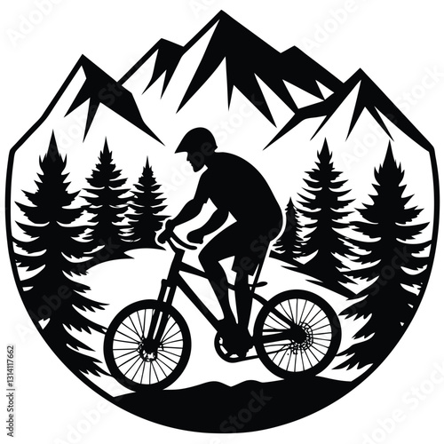 A man on a bike is riding down a hill with mountains in the background